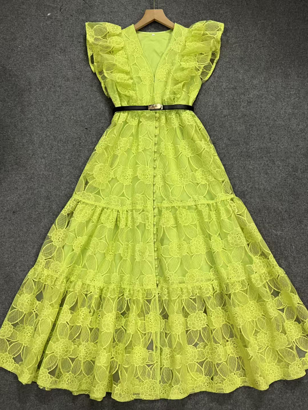 Pleated Mesh Solid Elegant Long Dress