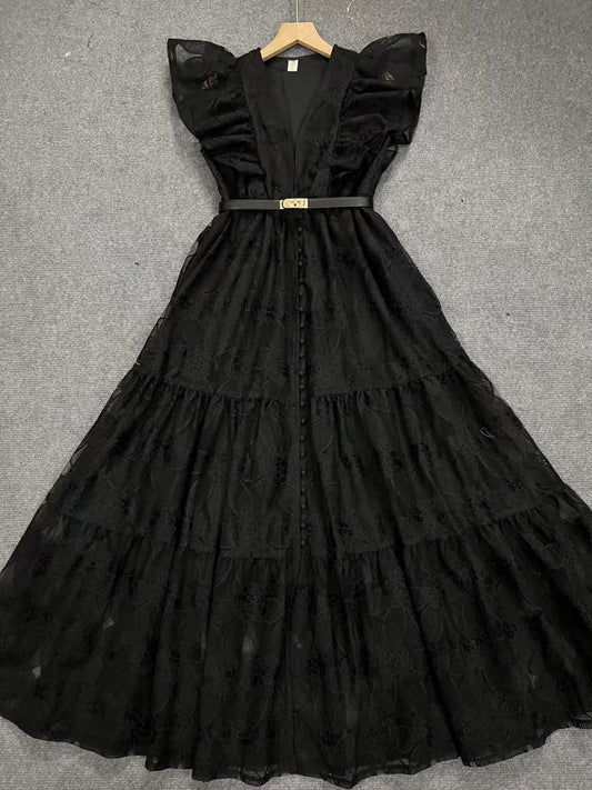 Pleated Mesh Solid Elegant Long Dress