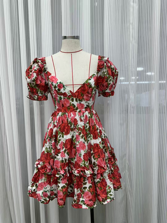 Temperament Print Flower Short Dress