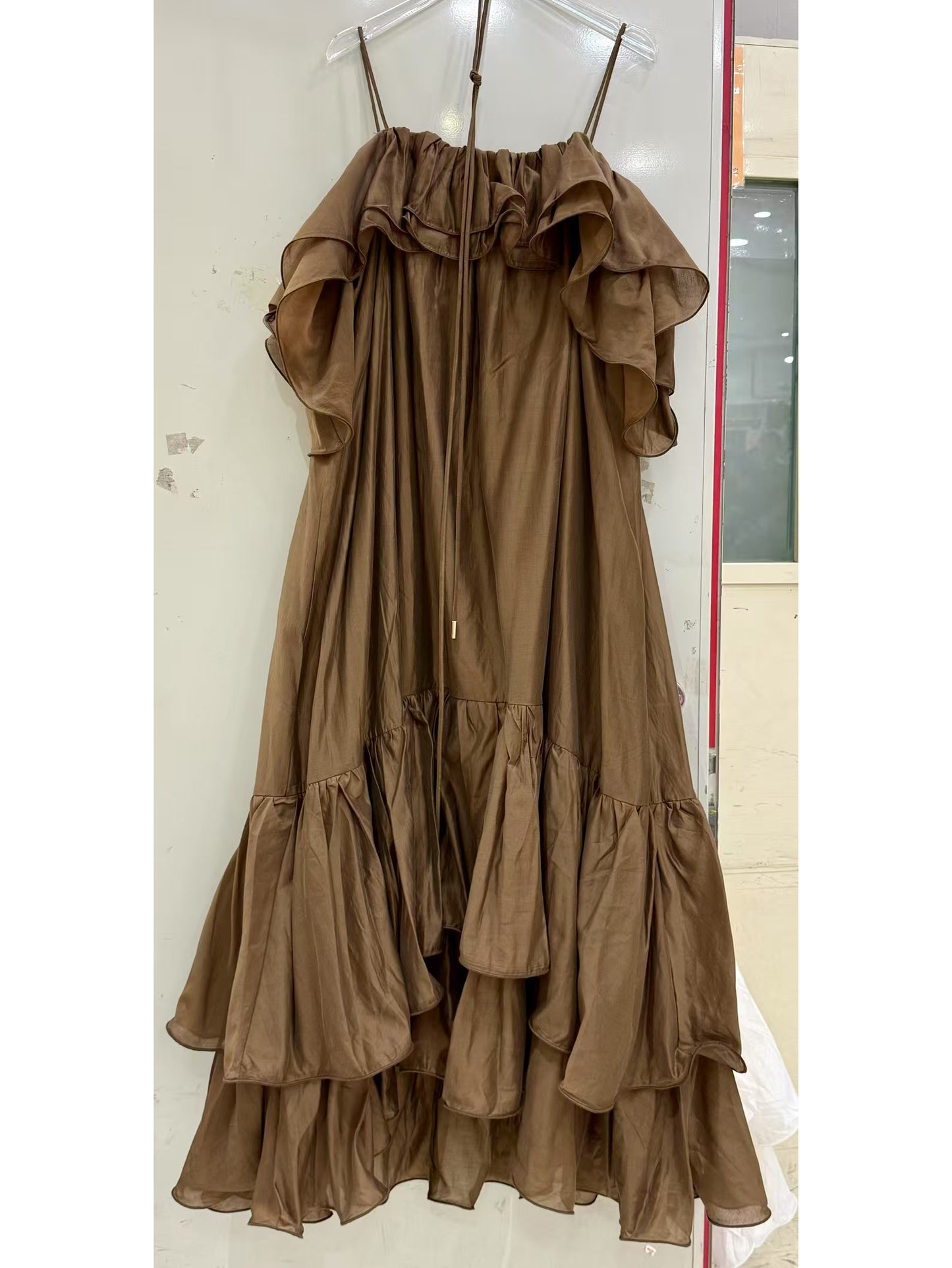 Solid Ruffles Strap Long Dress