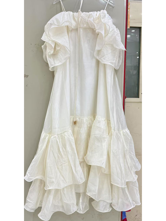 Solid Ruffles Strap Long Dress