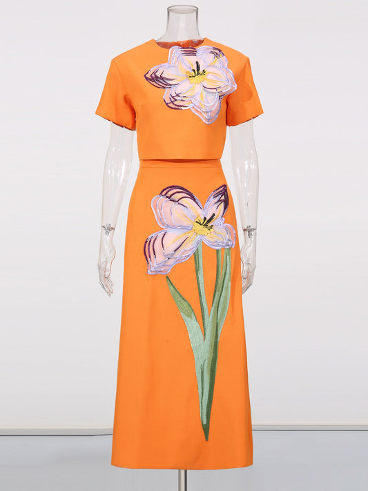 Orange Floral Appliqué Crop Top & Midi Skirt Set - SISPELL