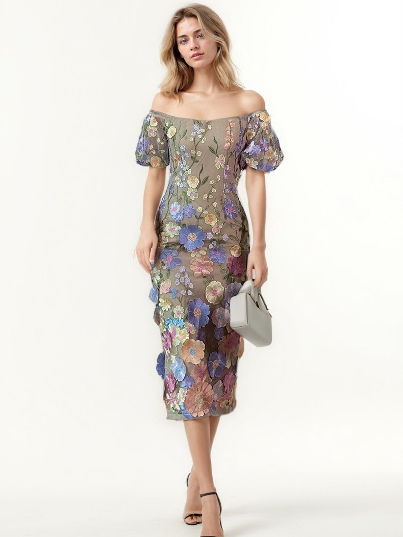 Patchwork Flower Mesh Midi Dress - SISPELL