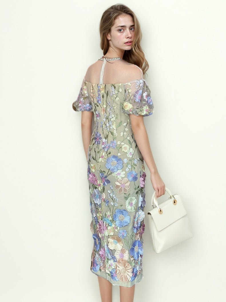Patchwork Flower Mesh Midi Dress - SISPELL