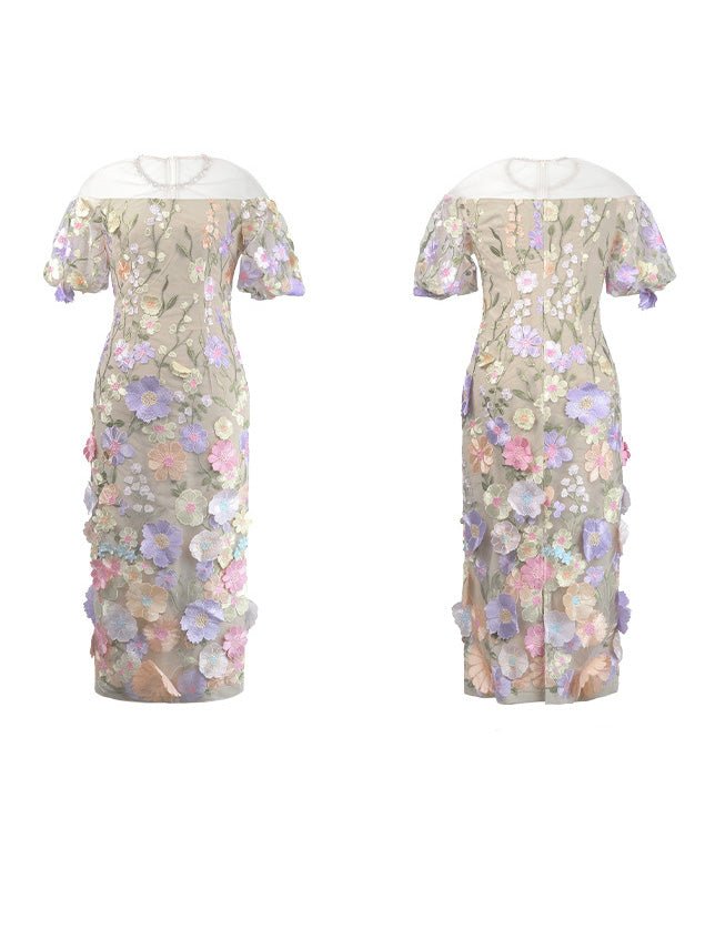Patchwork Flower Mesh Midi Dress - SISPELL