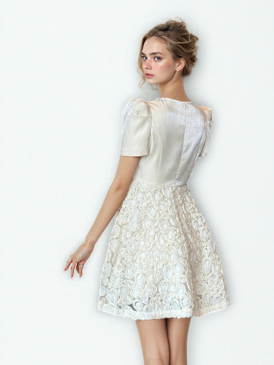 Patchwork Flower Pearls Short Dress - SISPELL