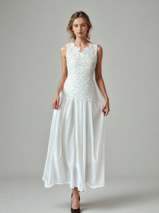 Patchwork Lace Mesh Solid Long Dress - SISPELL