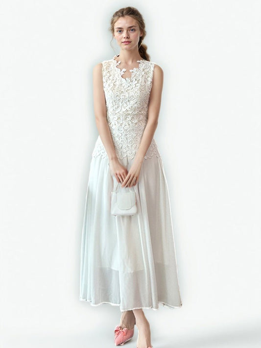Patchwork Lace Mesh Solid Long Dress - SISPELL