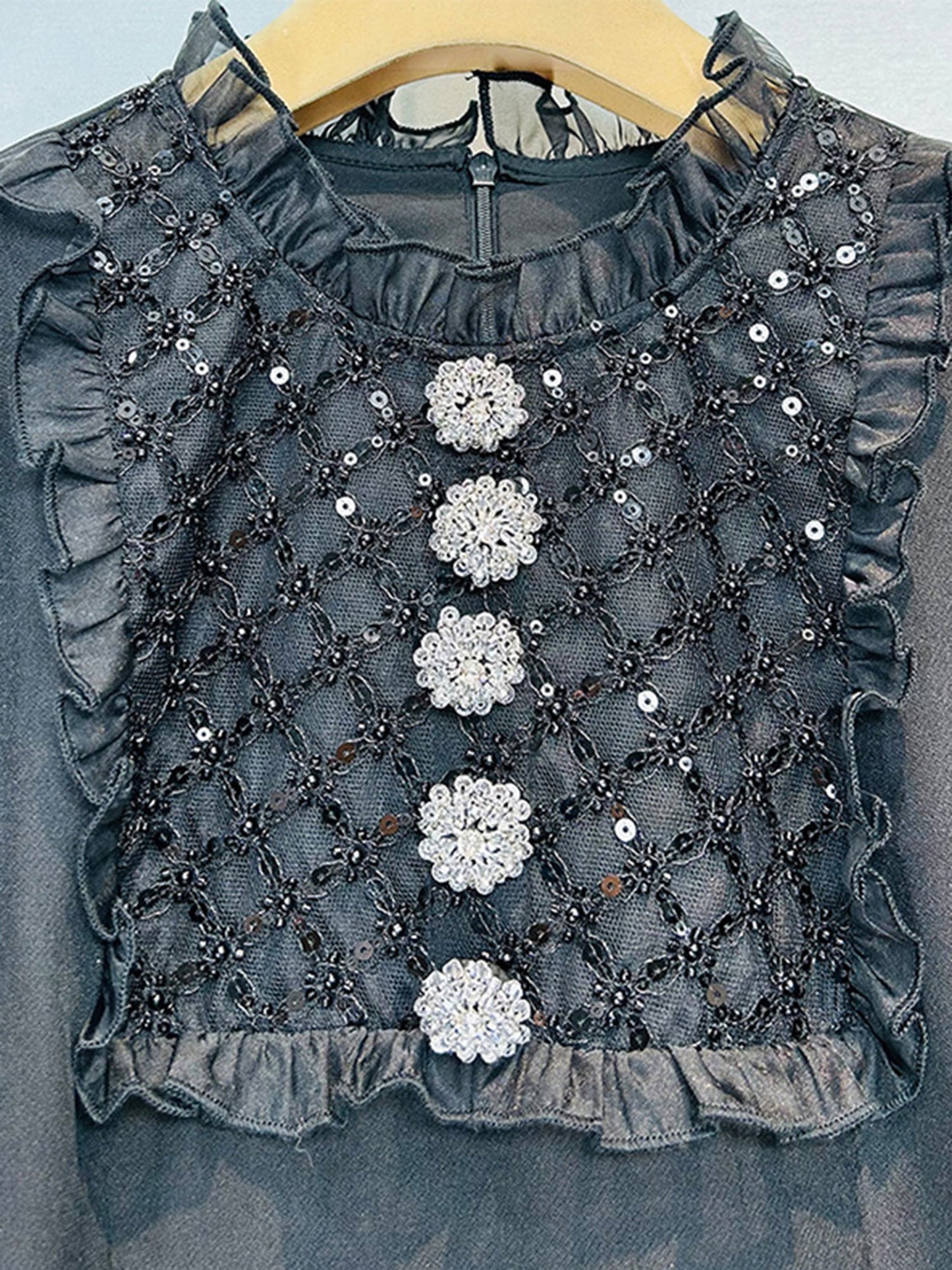 Patchwork Mesh Sequins Solid Short Dress - SISPELL