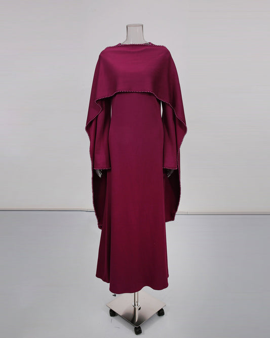 Purple Maxi Dress with Pearl - Trimmed Cape Sleeves - SISPELL