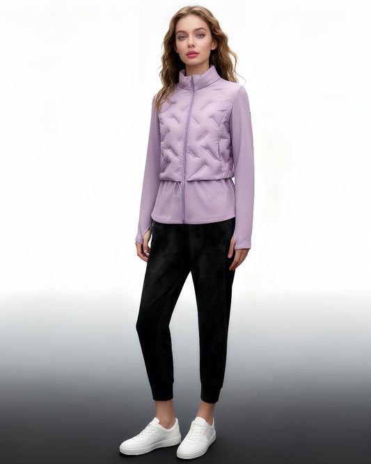 Purple Quilted Zip - Up Down Jacket with Drawstring Waist - SISPELL