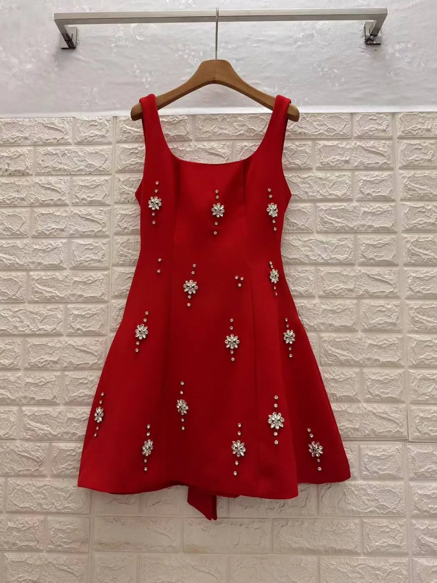 Red Square Neck Mini Dress with Crystal Florals - SISPELL