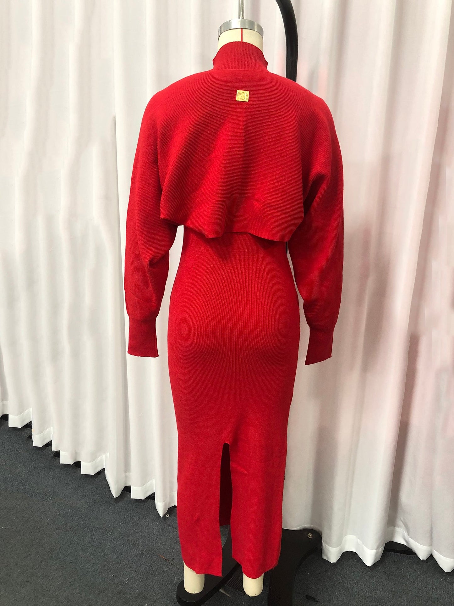 Red Turtleneck Knit Midi Dress with Keyhole Accent - SISPELL