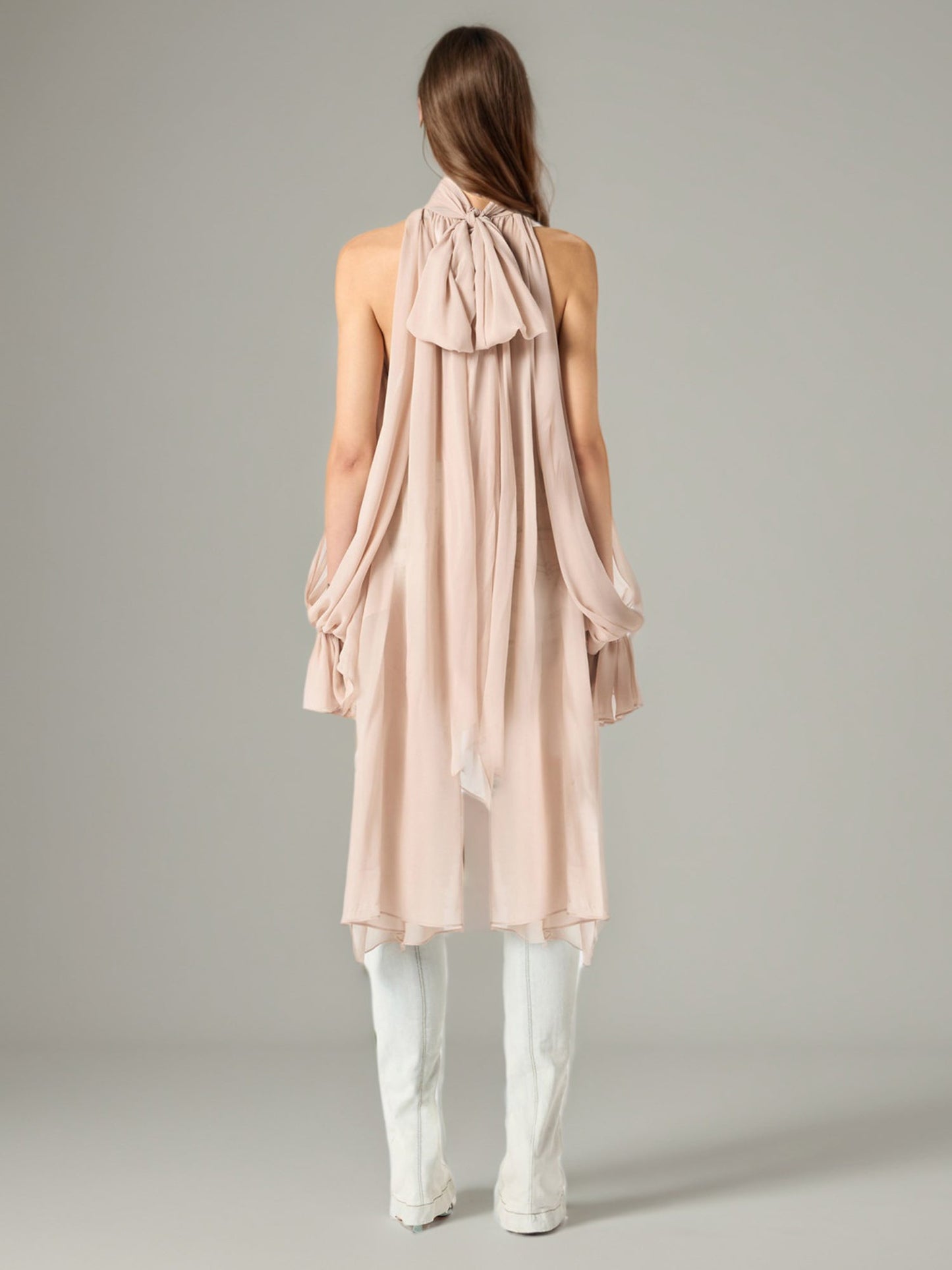 Romantic Blush High Neck Asymmetric Chiffon Blouse - SISPELL