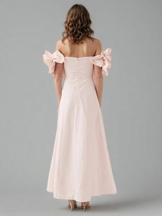 Romantic Pink Off - Shoulder Floral Applique Maxi Dress - SISPELL