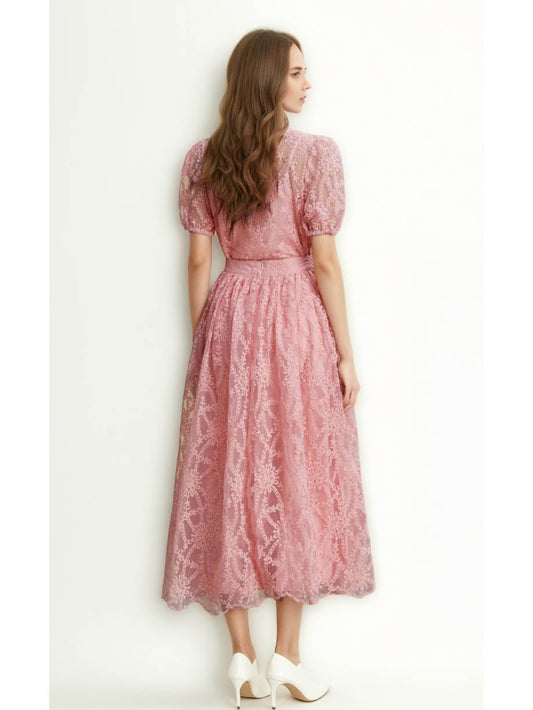 Solid Embroidery Lace Long Dress - SISPELL