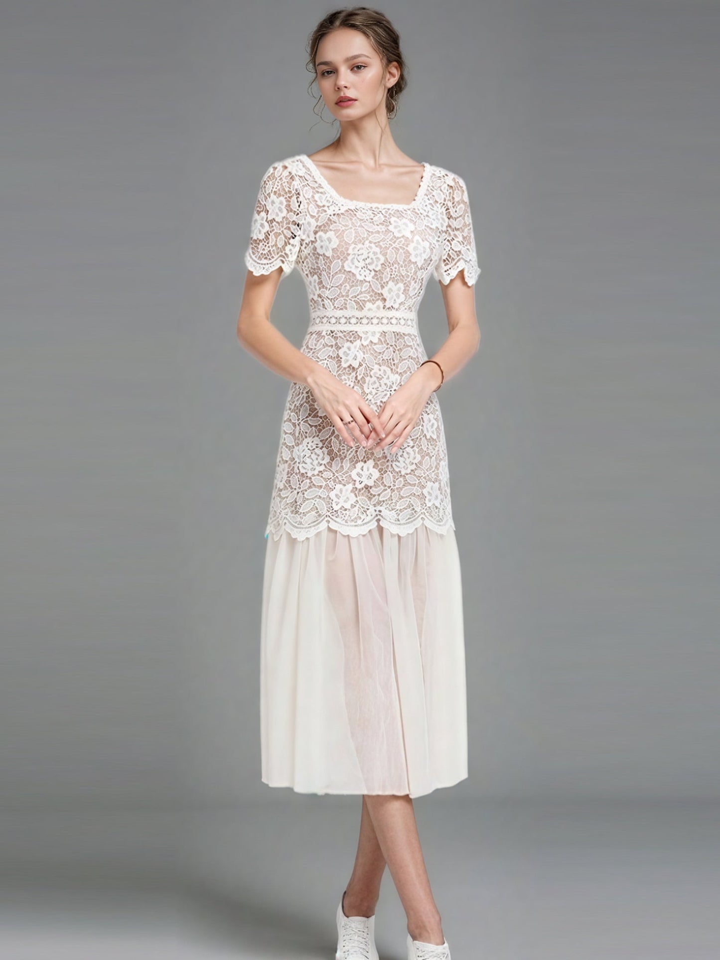 Solid Patchwork Lace Mesh Long Dress - SISPELL