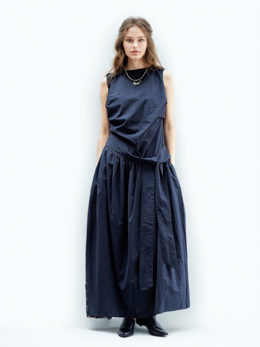 Solid Patchwork Lace Up Long Dress - SISPELL