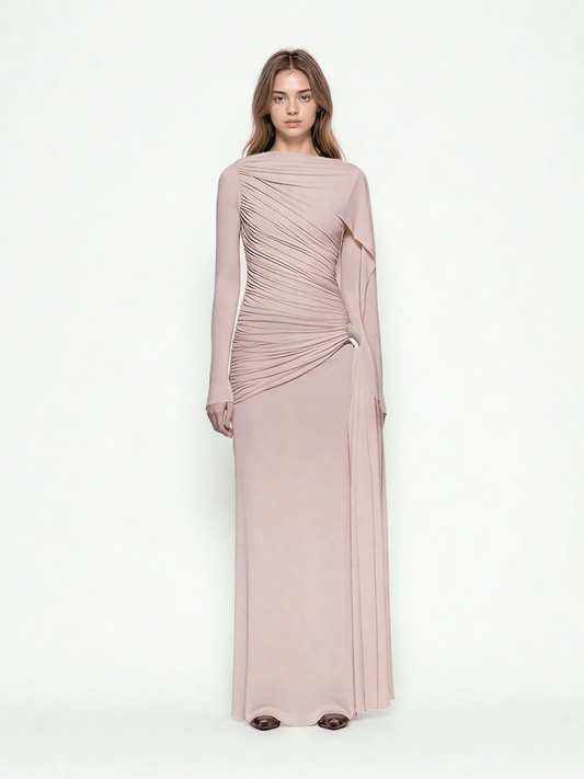 Solid Ruched Long Sleeves Long Dress - SISPELL