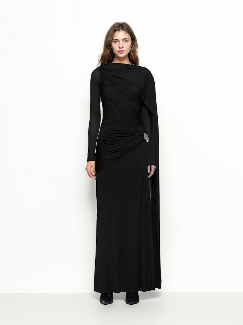 Solid Ruched Long Sleeves Long Dress - SISPELL