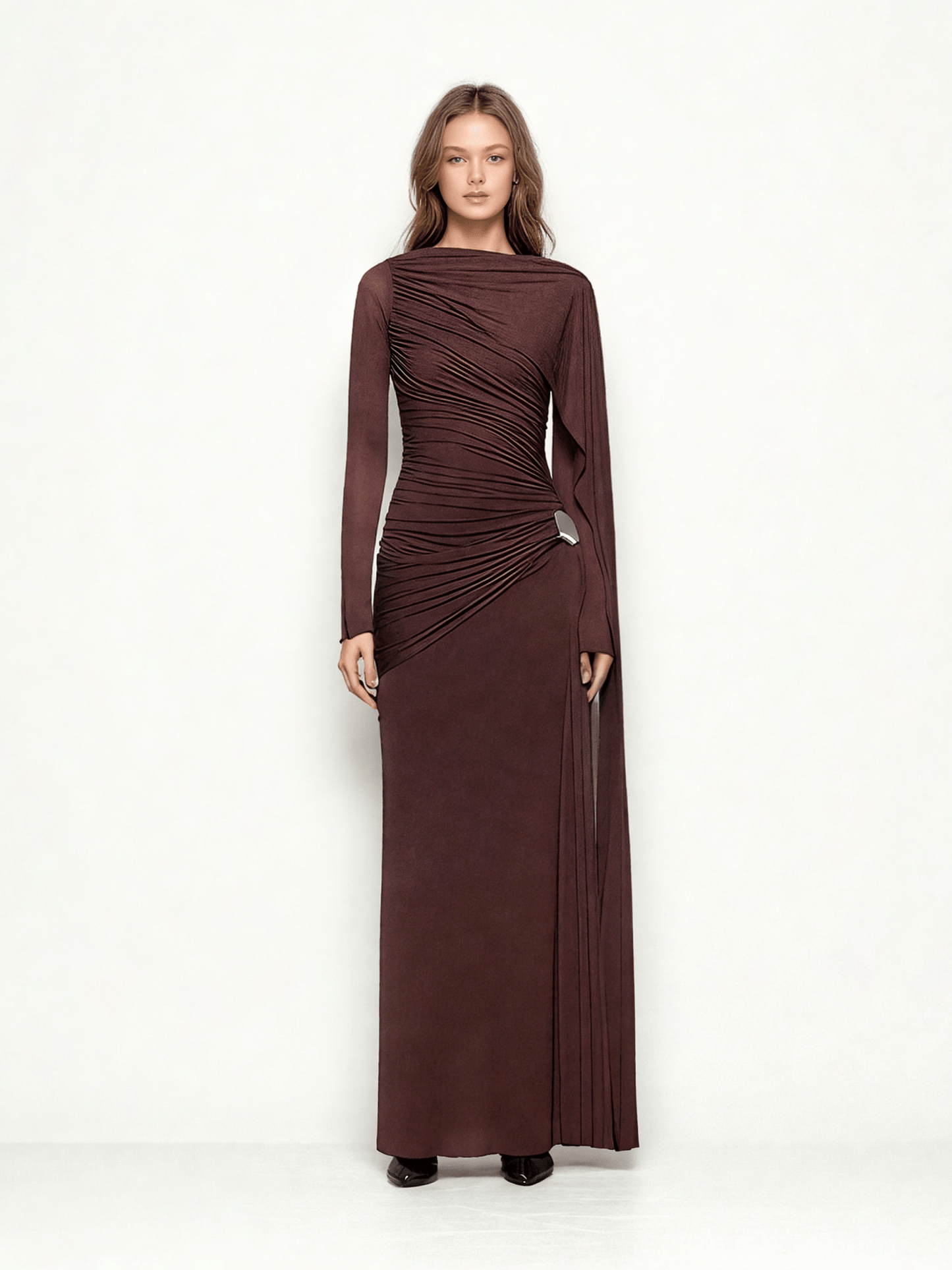 Solid Ruched Long Sleeves Long Dress - SISPELL