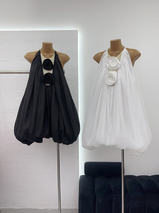 Solid Sleeveless Patchwork Flower Short Dress - SISPELL