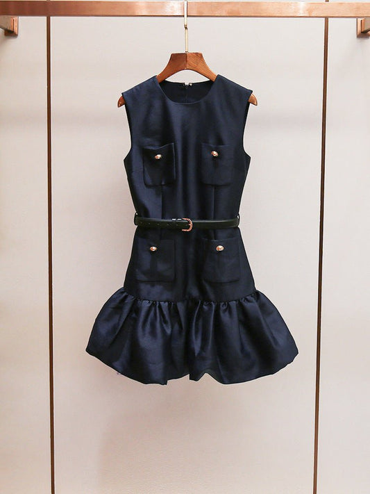 Solid Sleeveless Round Neck Short Dress - SISPELL