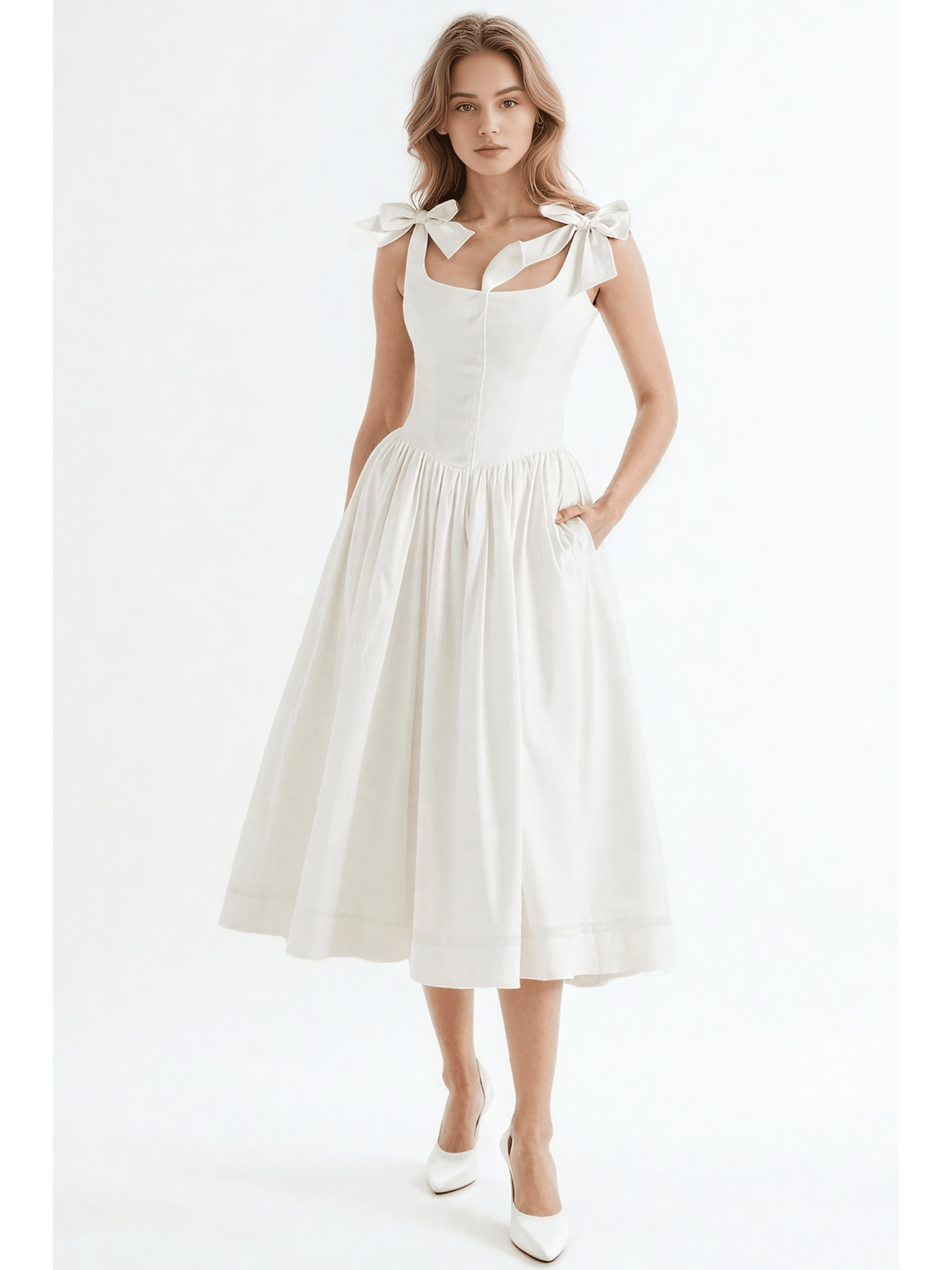Square Collar Patchwork Bowknot Midi Dress - SISPELL