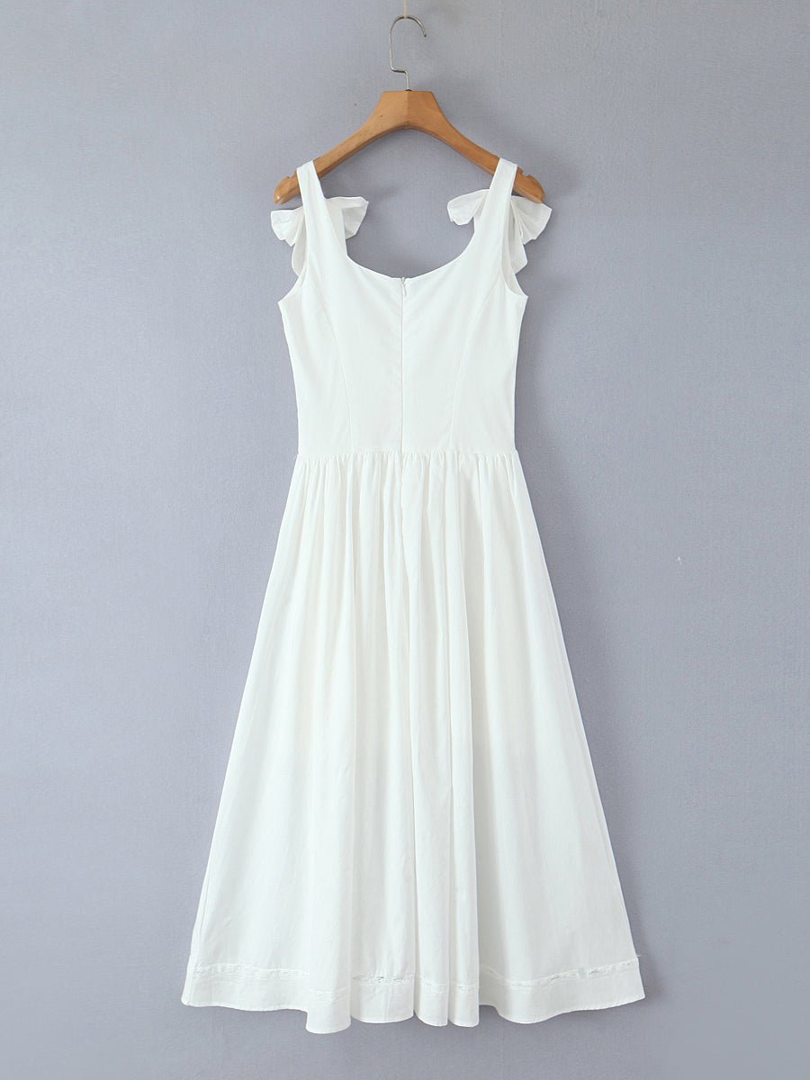 Square Collar Patchwork Bowknot Midi Dress - SISPELL