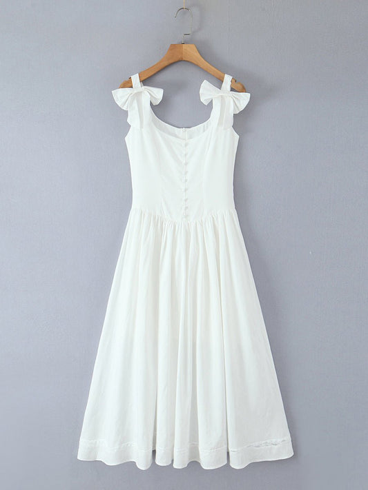 Square Collar Patchwork Bowknot Midi Dress - SISPELL