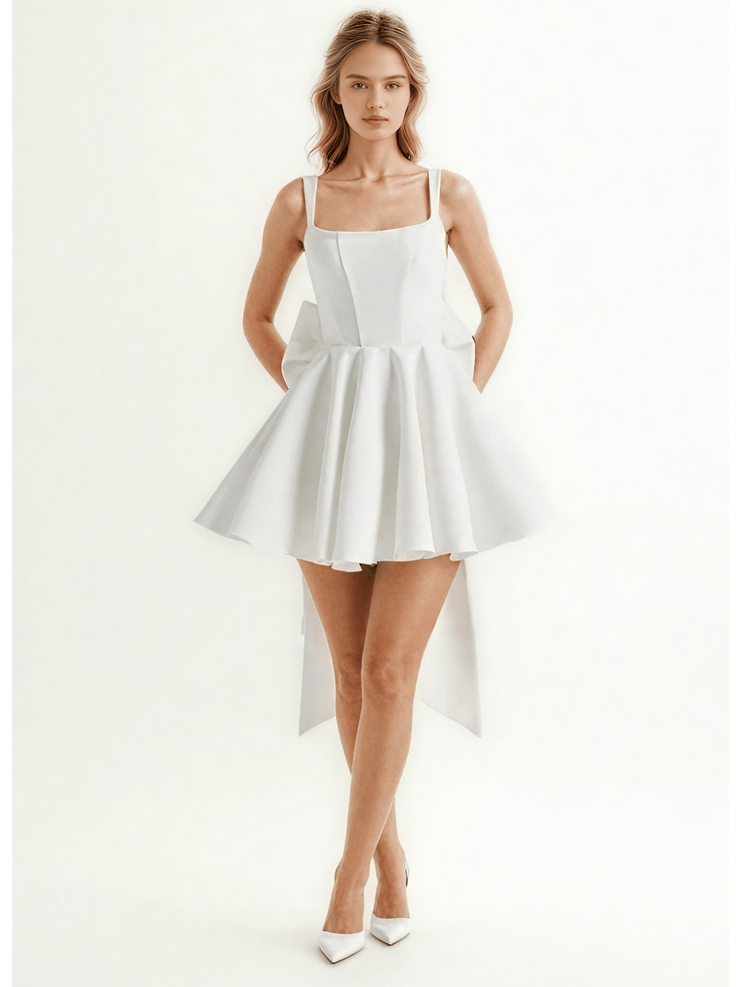 Square Collar Patchwork Bowknot Short Dress - SISPELL