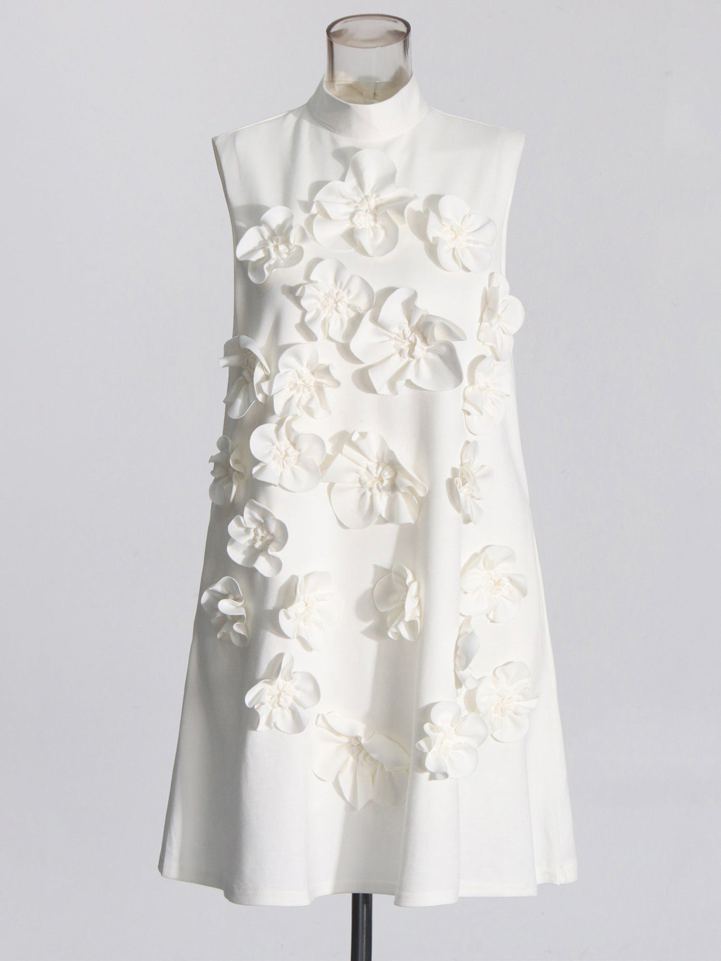 White 3D Floral High Neck Mini Dress - SISPELL