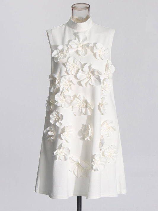 White 3D Floral High Neck Mini Dress - SISPELL