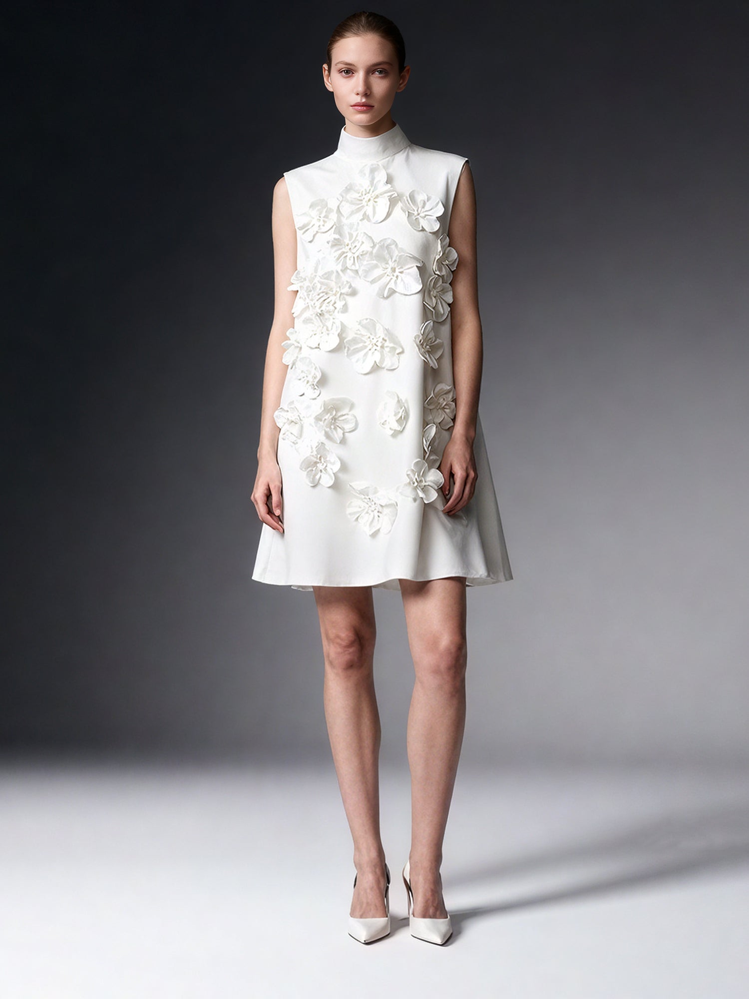 White 3D Floral High Neck Mini Dress - SISPELL