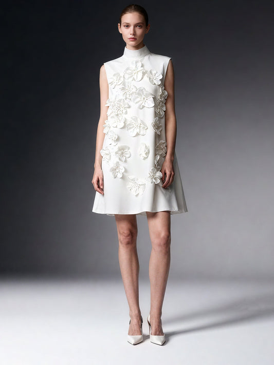 White 3D Floral High Neck Mini Dress - SISPELL