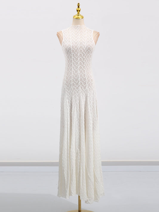 White Lace Sleeveless Maxi Dress with Mock Neck - SISPELL