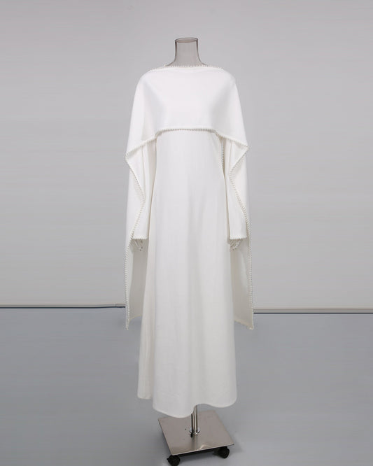White Maxi Dress with Pearl - Trimmed Cape Sleeves - SISPELL