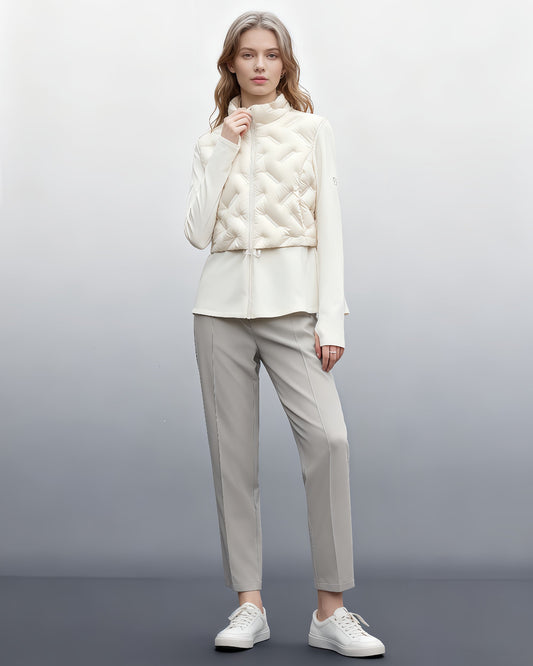 White Quilted Zip - Up Down Jacket with Drawstring Waist - SISPELL