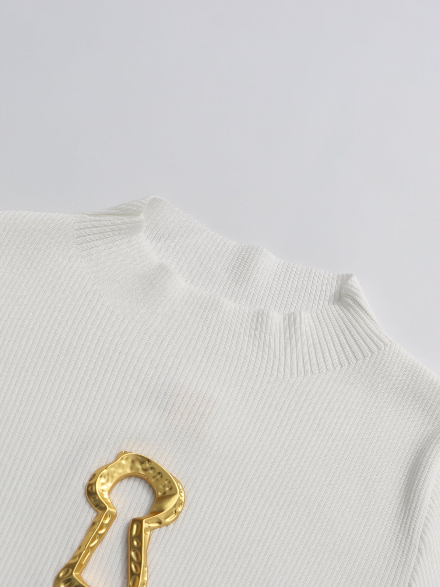 White Ribbed Knit Sweater with Gold Embellishment - SISPELL