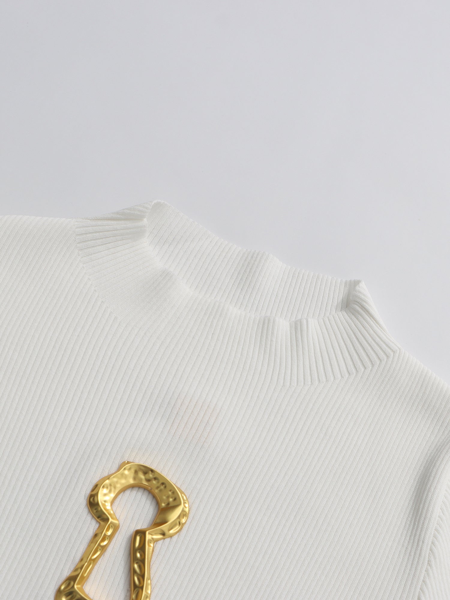 White Ribbed Knit Sweater with Gold Embellishment - SISPELL