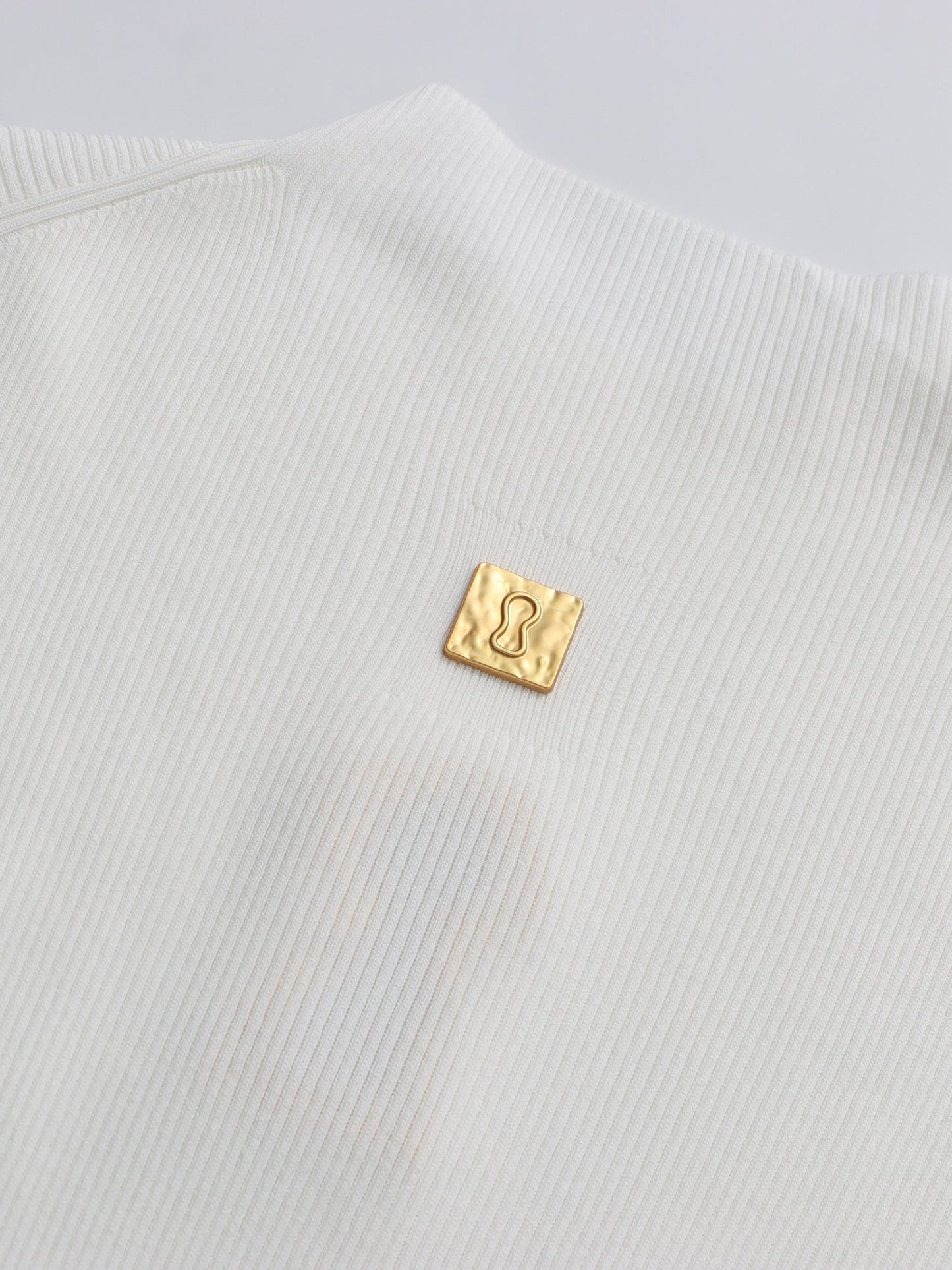 White Ribbed Knit Sweater with Gold Embellishment - SISPELL