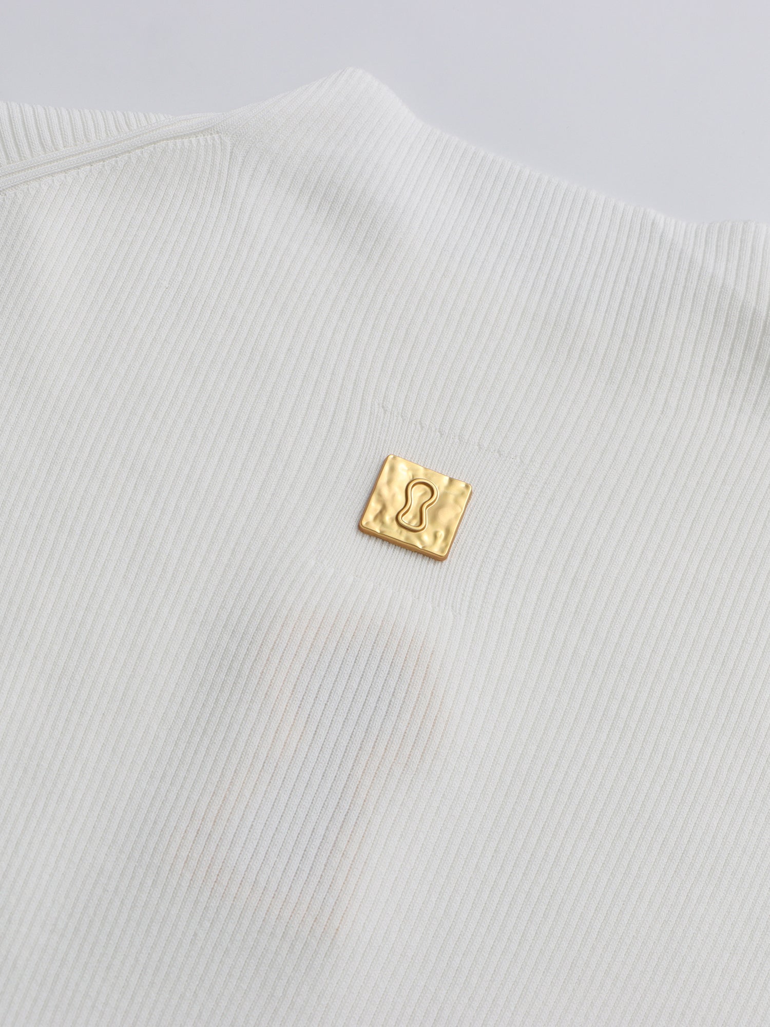 White Ribbed Knit Sweater with Gold Embellishment - SISPELL