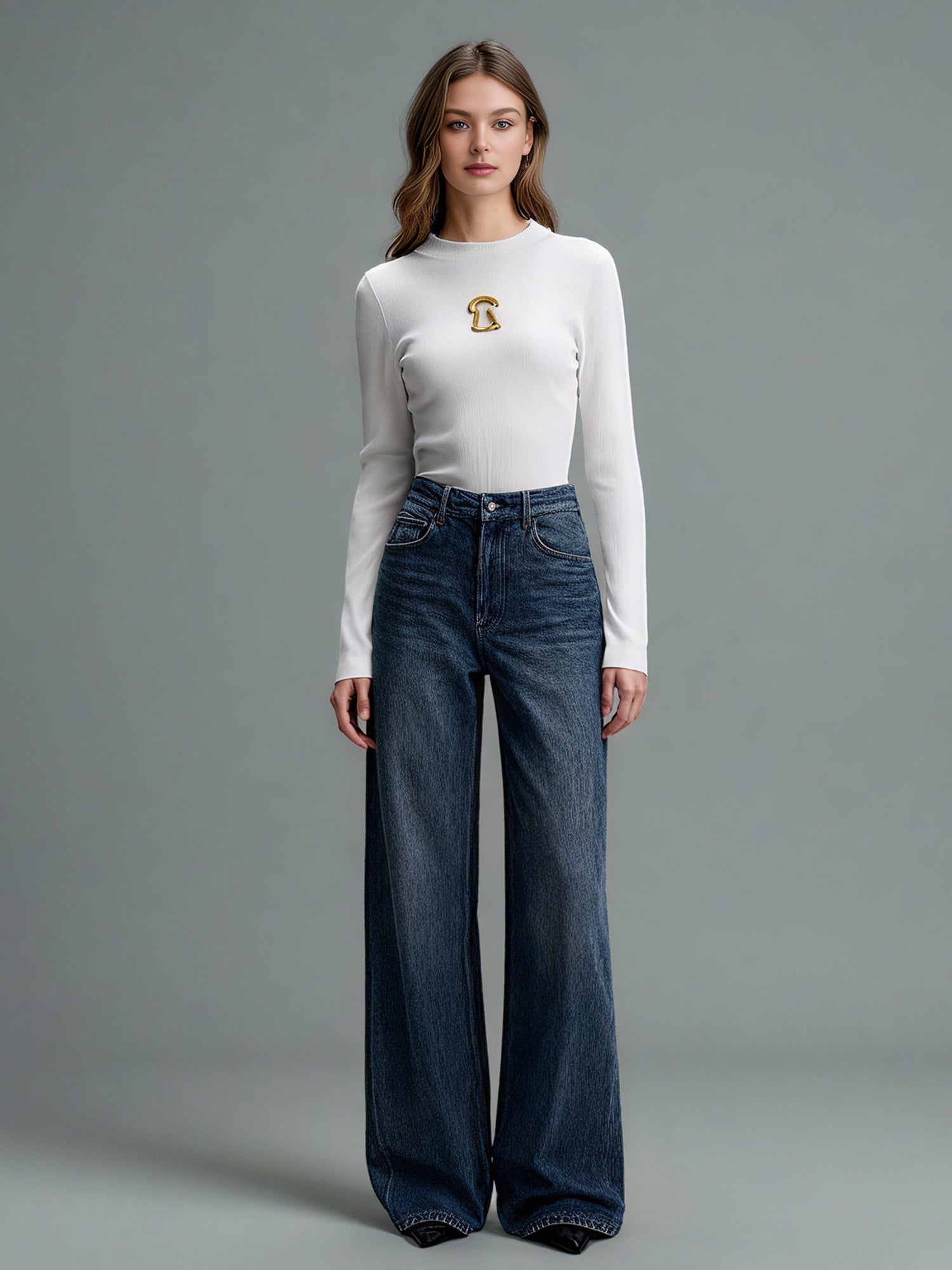 White Ribbed Knit Sweater with Gold Embellishment - SISPELL