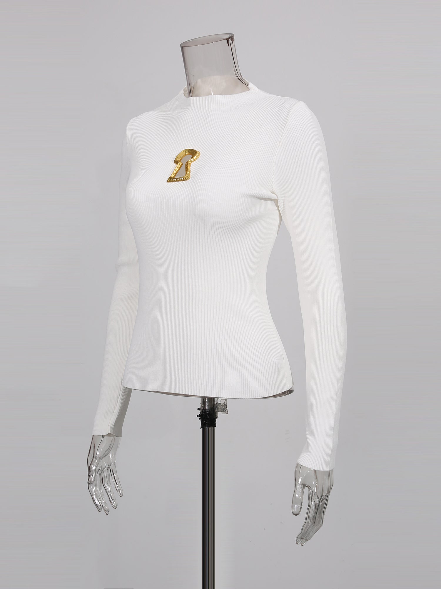 White Ribbed Knit Sweater with Gold Embellishment - SISPELL
