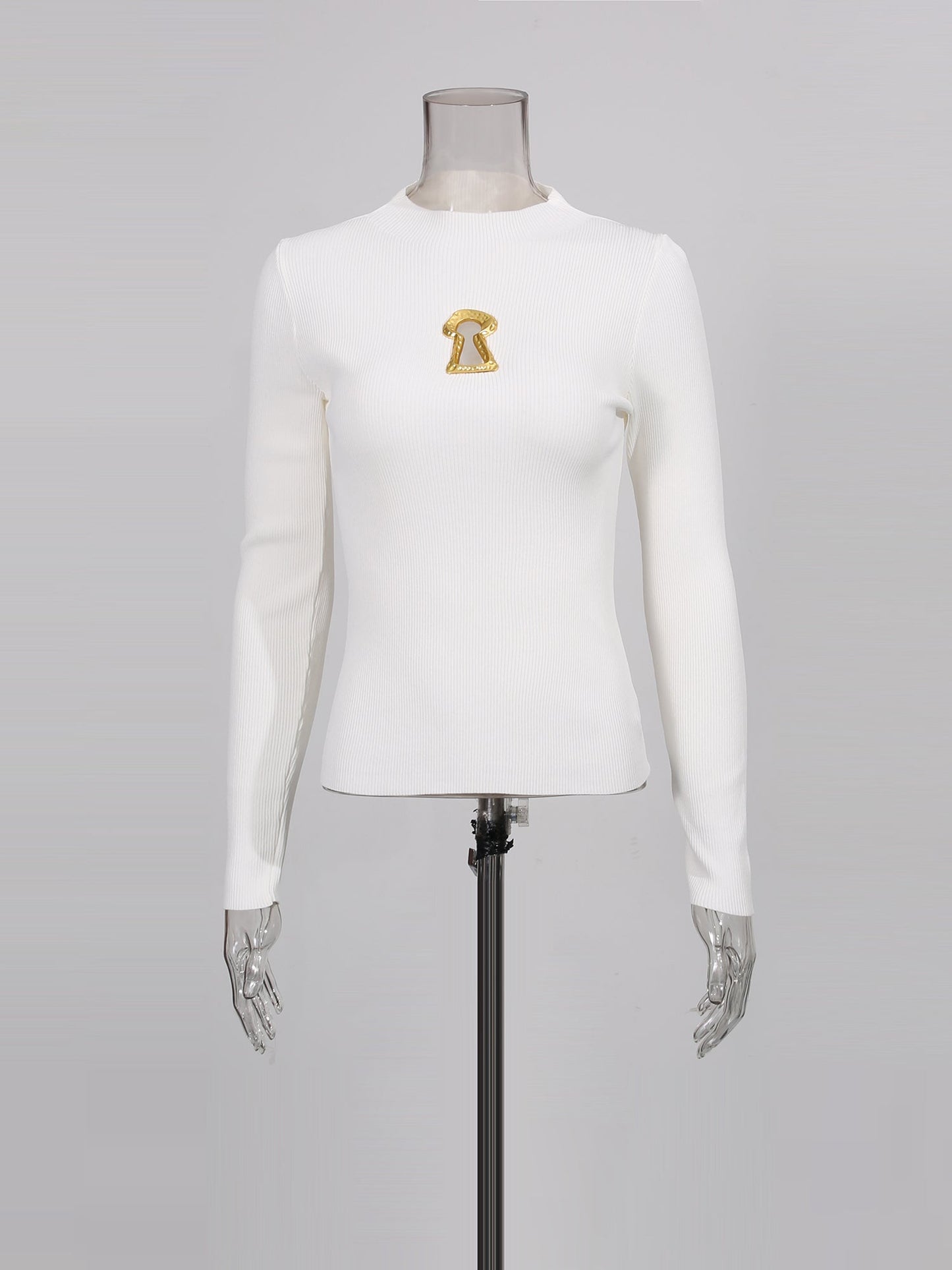 White Ribbed Knit Sweater with Gold Embellishment - SISPELL