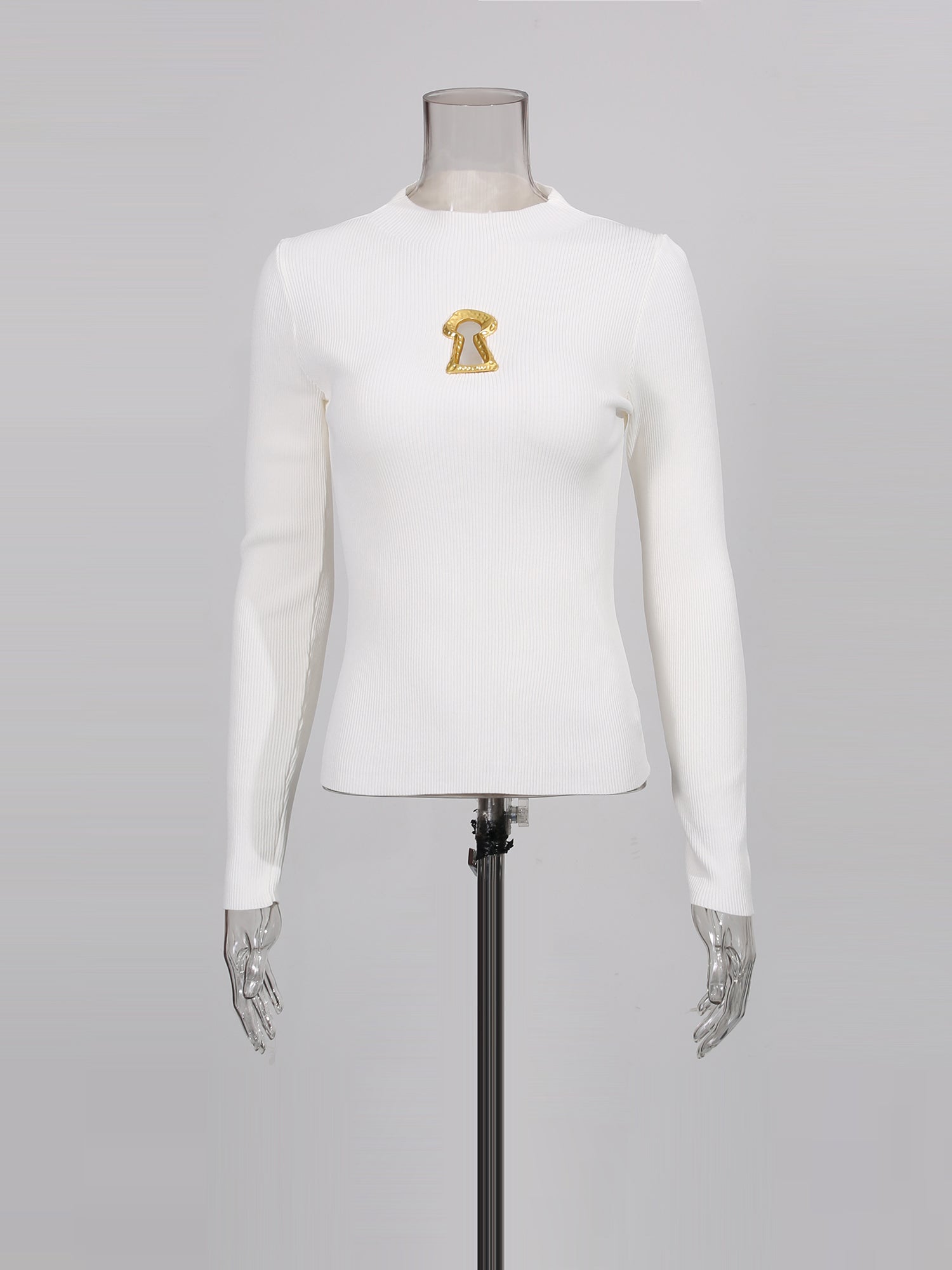 White Ribbed Knit Sweater with Gold Embellishment - SISPELL