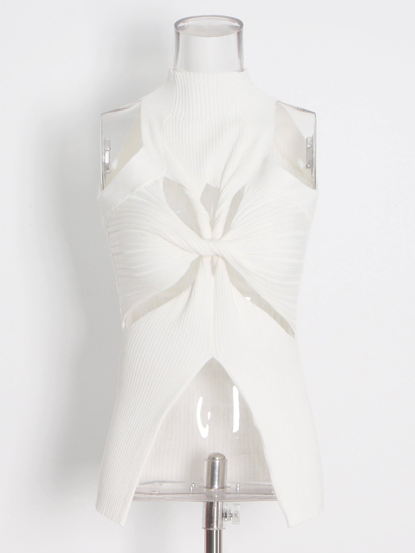 White Ribbed Knot Cutout Sleeveless Top - SISPELL