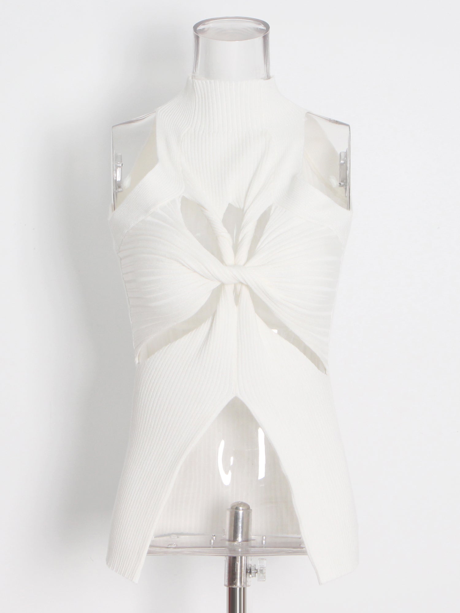 White Ribbed Knot Cutout Sleeveless Top - SISPELL