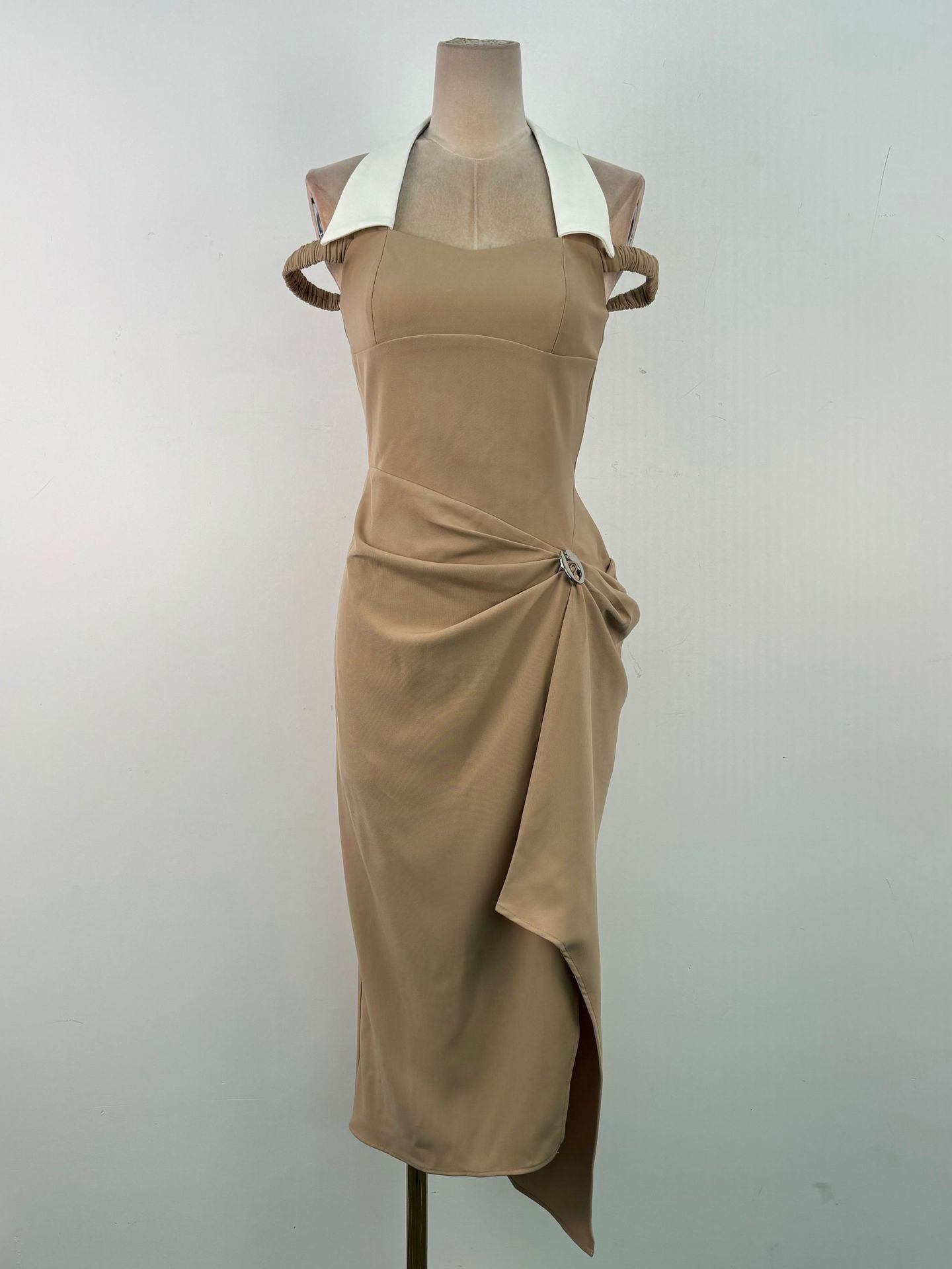 Neck Hanging Color Blocked Long Dress