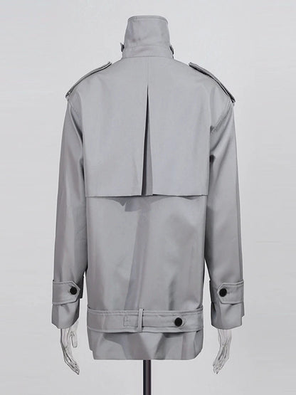 Modern Gray Double - Breasted Trench Coat with Belt.